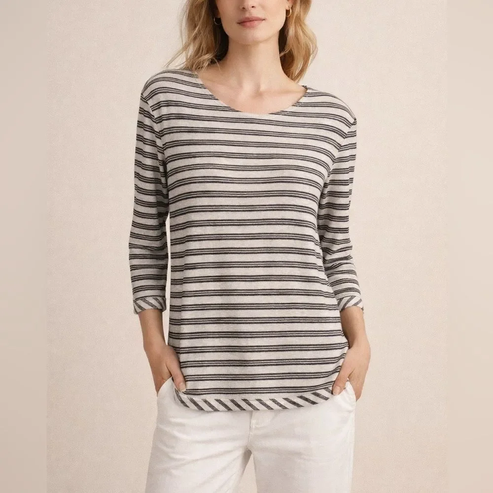 Gerard Darel Linen Striped Top Size 2 Black White 3/4 Sleeve Paris